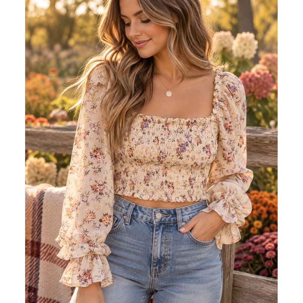 Wild Fable Floral Smocked Crop Top Medium Cottagecore Puff Sleeve Romantic